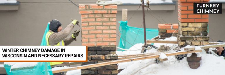 Worker repairing an old chimney on the snowy roof in Milwaukee.